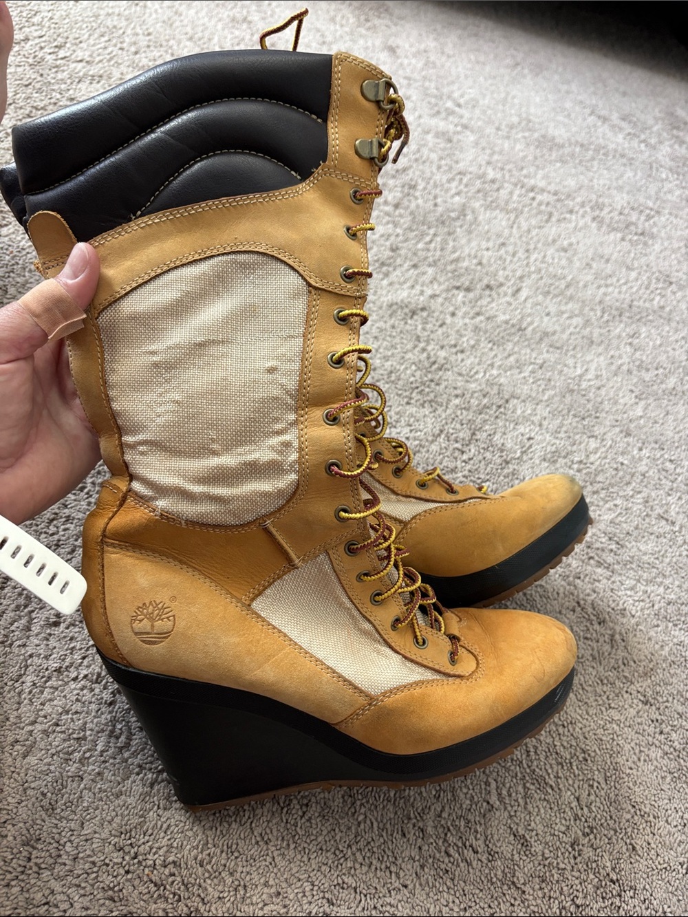 Timberland Women’s Tan and Cream Wedge Lace-Up Boots